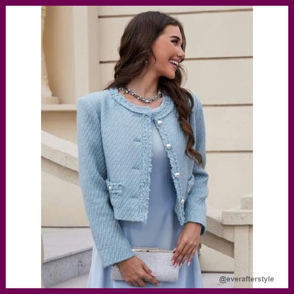 Tweed Cropped Blazer Collarless Elegant Chic Casual Cardigan Jacket - Picture 6 of 8